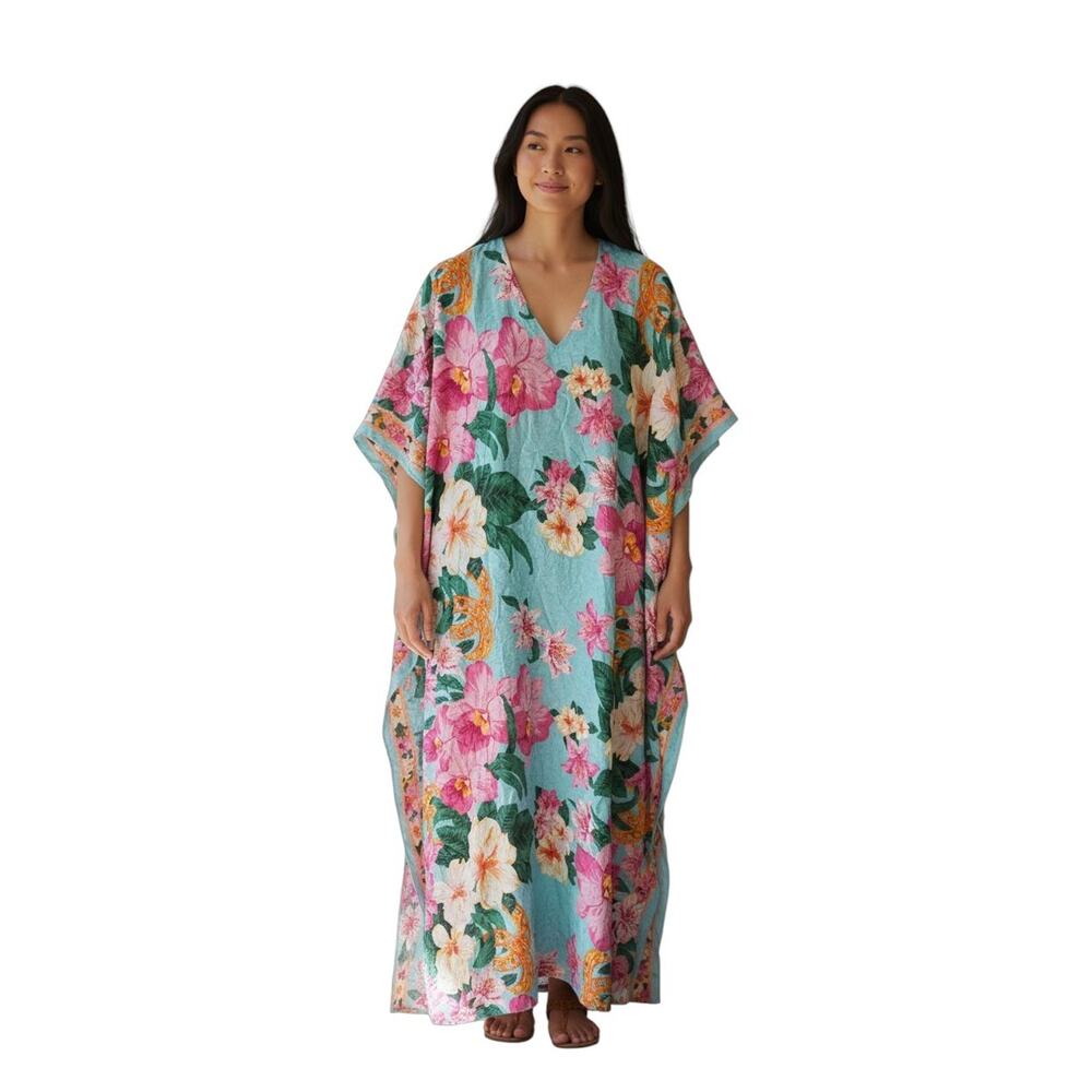 Sante Floral Caftan House Dress Pool Beach Cover Up Mumu Mrs Roper | OS Vintage